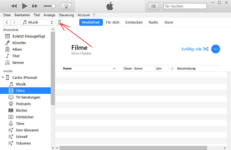 Nach dem Start von iTunes das Symbol für das angeschlossene Gerät anklicken 